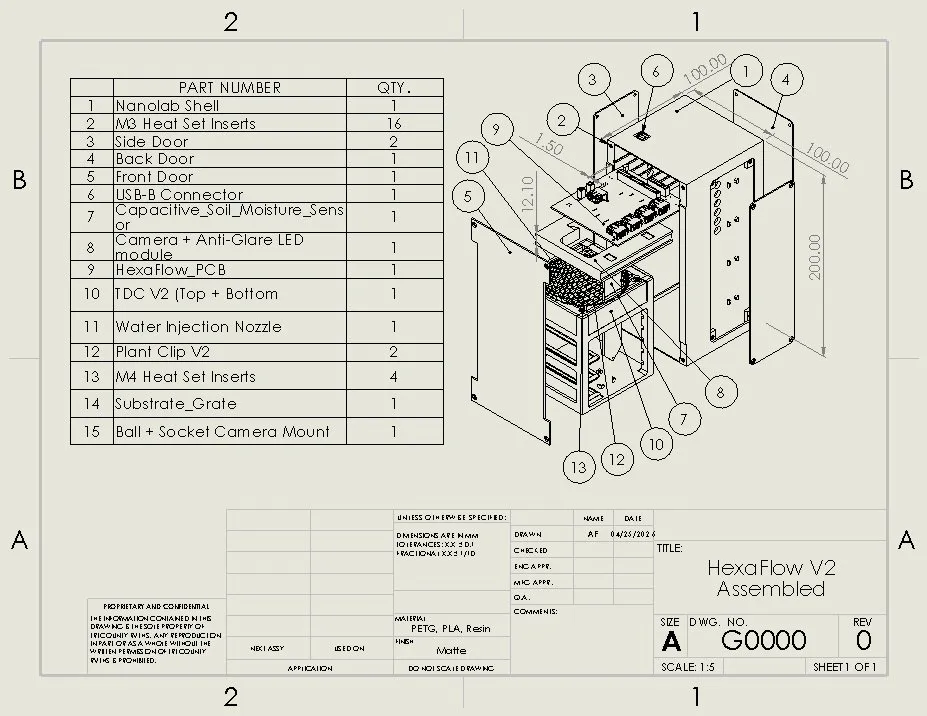 SolidWorks drawing sheet of the HexaFlow V2 assembly with an exploded view, balloon numbers and a 15 line parts list