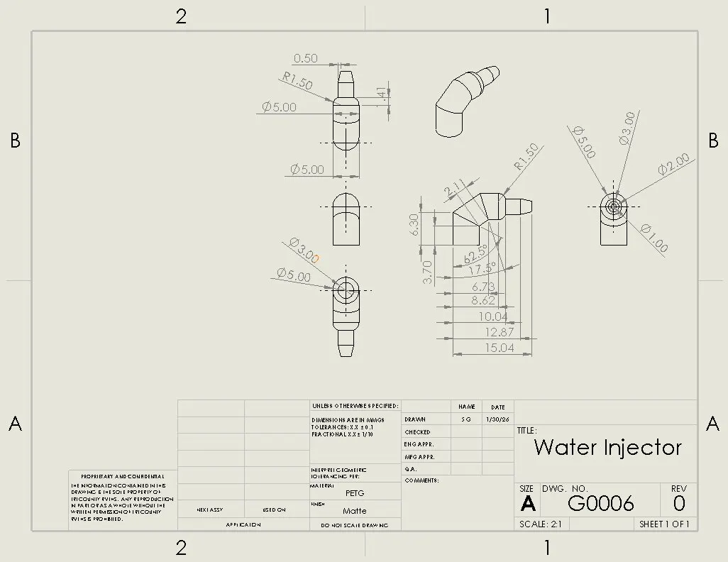Drawing sheet titled Water Injector, drawing G0006, showing a small elbow nozzle in several views with dimensions down to half a millimeter