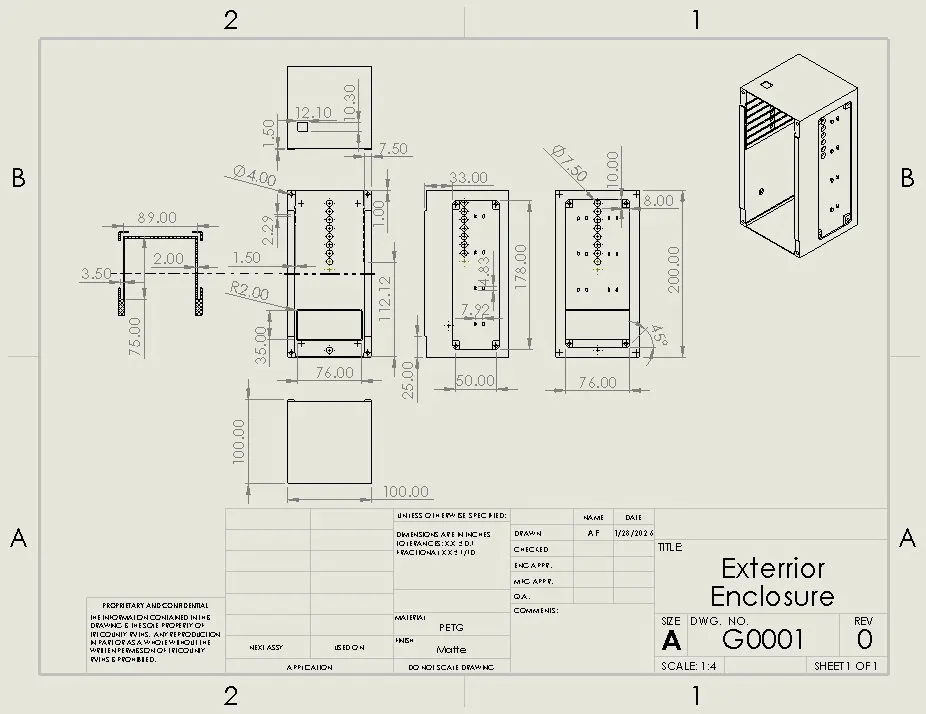 Drawing sheet titled Exterior Enclosure, drawing G0001, with front, side, top and isometric views of the rectangular shell