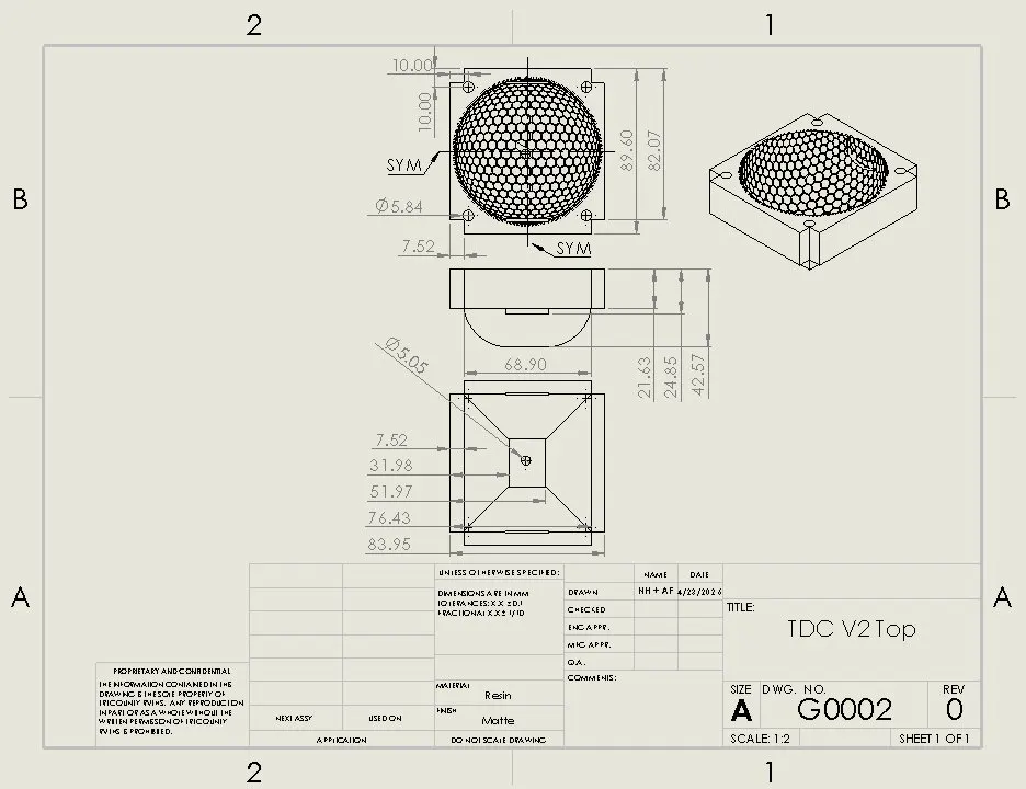 SolidWorks drawing sheet titled TDC V2 Top, drawing number G0002, showing the hex dome in top, section and isometric views with dimensions, material resin