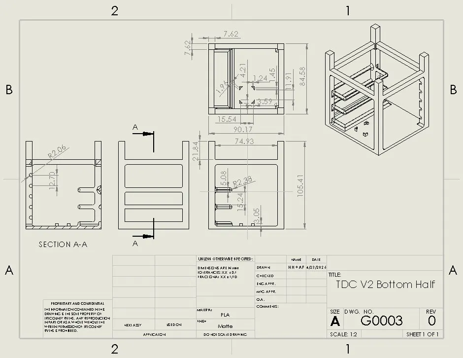 Drawing sheet titled TDC V2 Bottom Half, drawing G0003, showing the open shelf frame in section and isometric views, material PLA