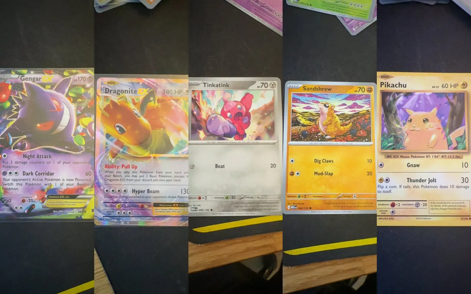 Five real phone scans from the project side by side, Pokémon cards lying on a dark desk mat.