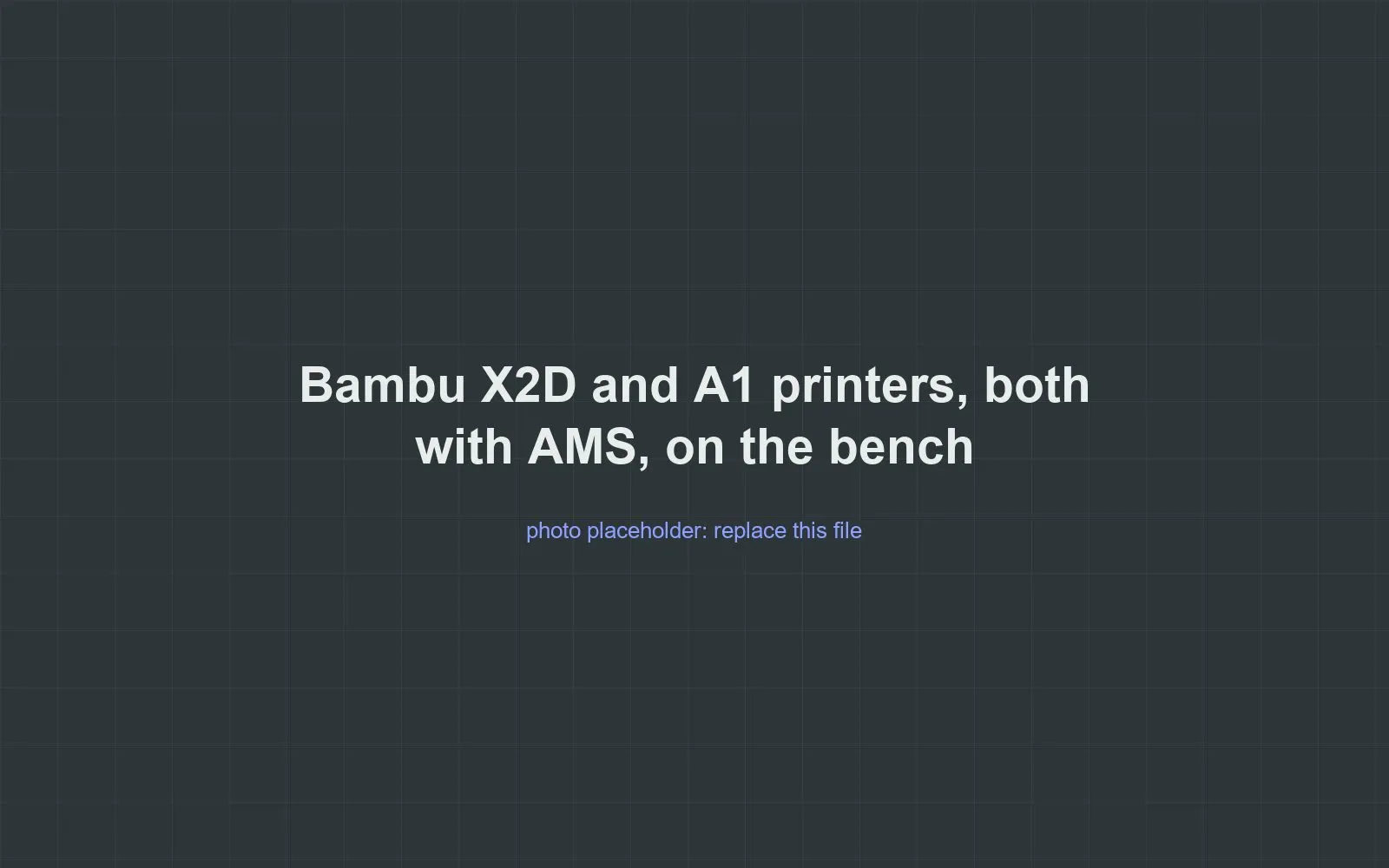 Placeholder for a photo of Lucas's Bambu X2D and A1 3D printers, each with an AMS filament unit, on his workbench