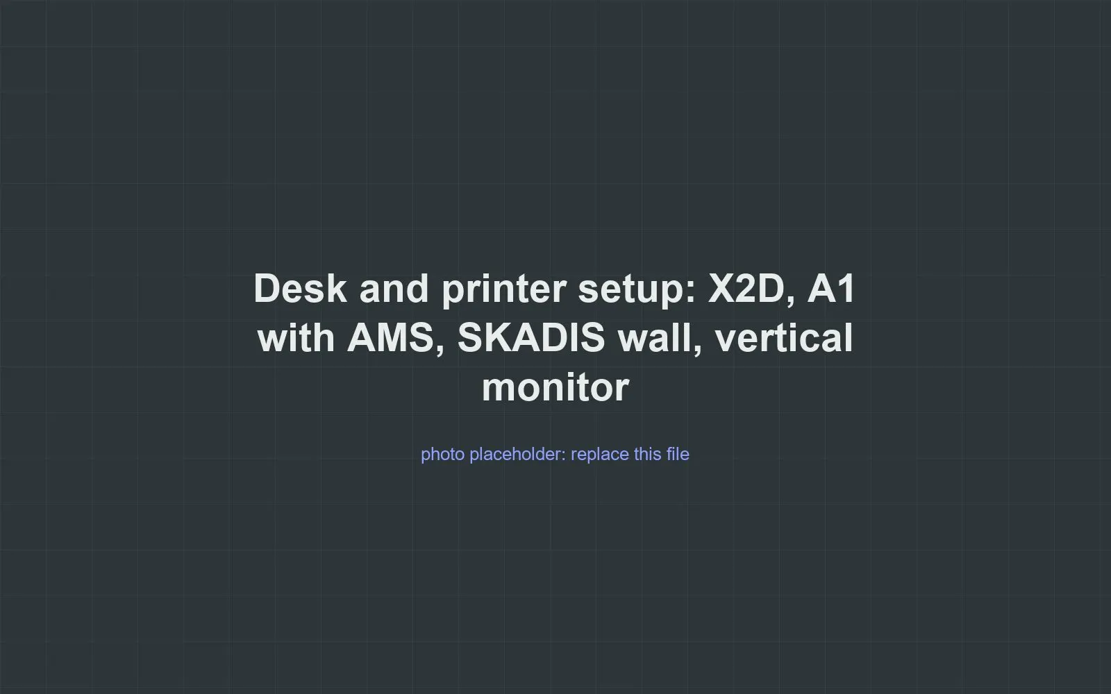 Placeholder for a photo of Lucas's desk setup with two Bambu 3D printers, a SKÅDIS pegboard wall, and a vertical monitor