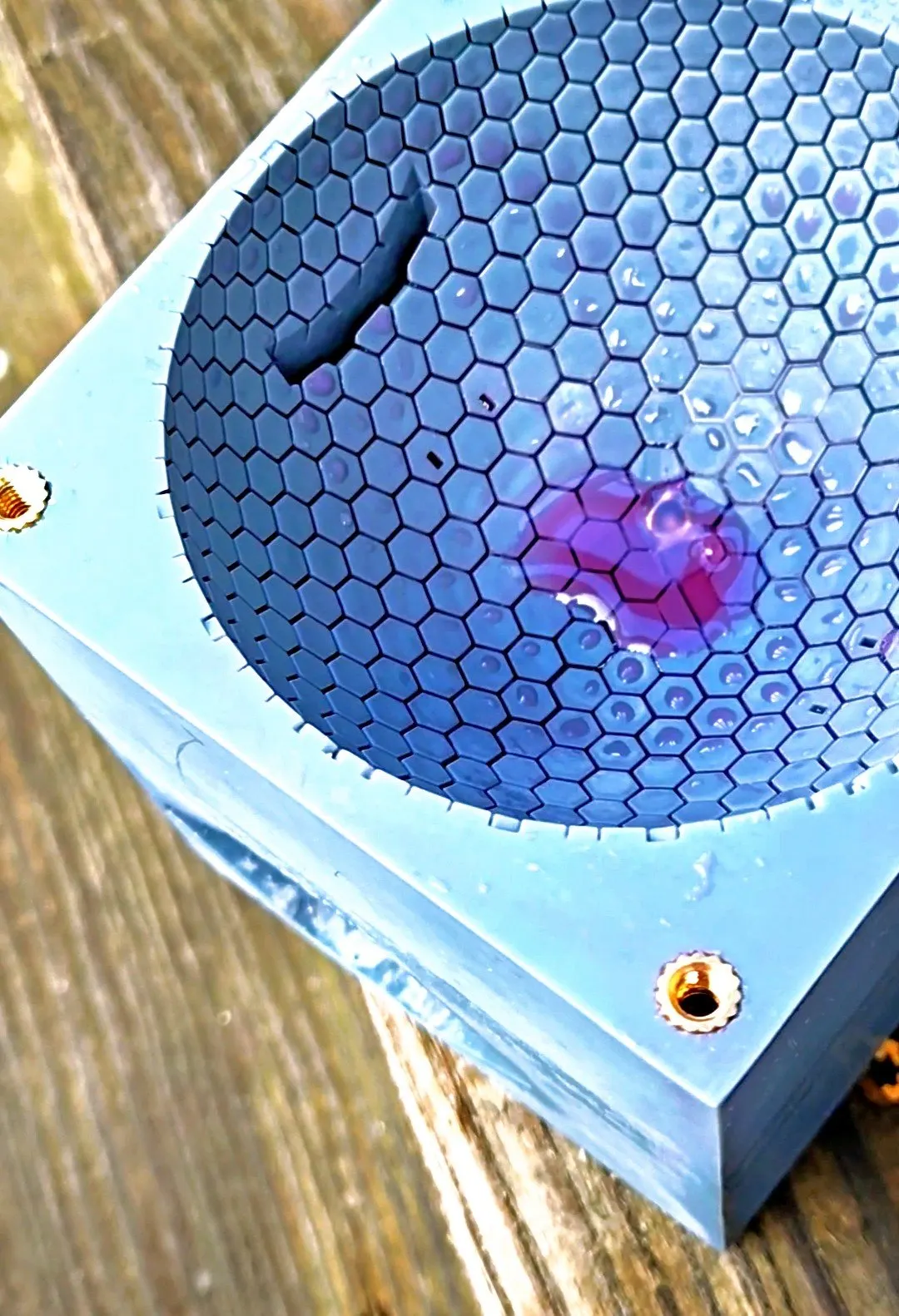 Close-up of the hex dome at an angle with a spot of purple-dyed water spread across a few channels