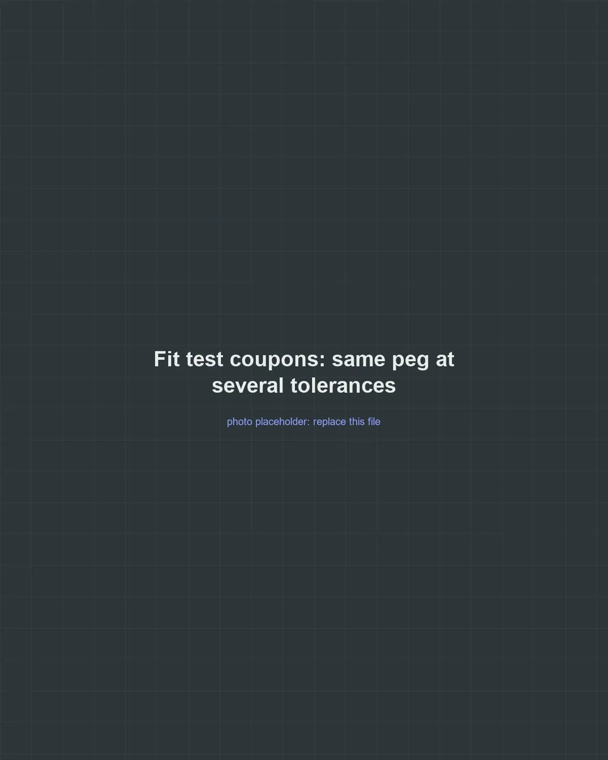 Placeholder for a photo of fit-test coupons, the same peg printed at several tolerances
