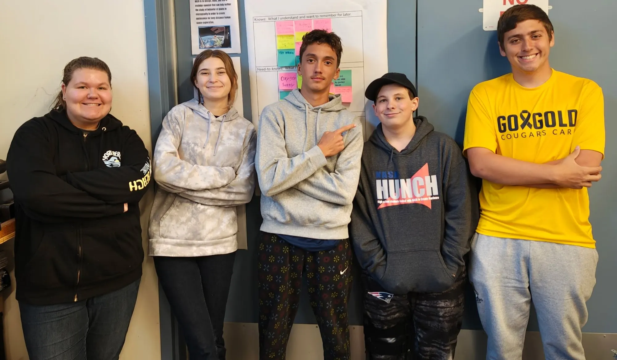 The five HexaFlow team members standing in the Tri-County engineering shop in front of a whiteboard covered in sticky notes