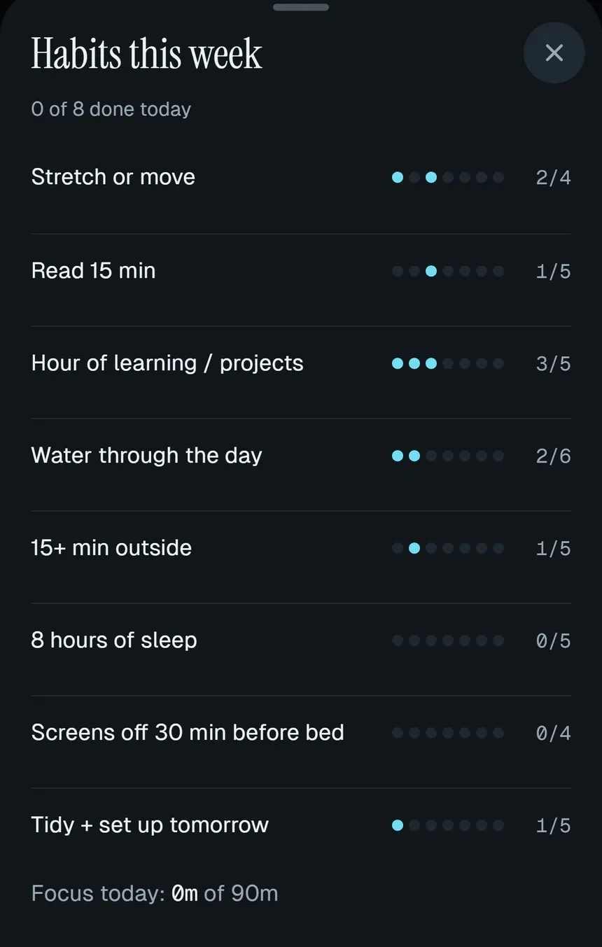 Jarvis phone app, habits bottom sheet: eight habits like Stretch or move and Read 15 min, each with dots for the week and a count against a weekly target.