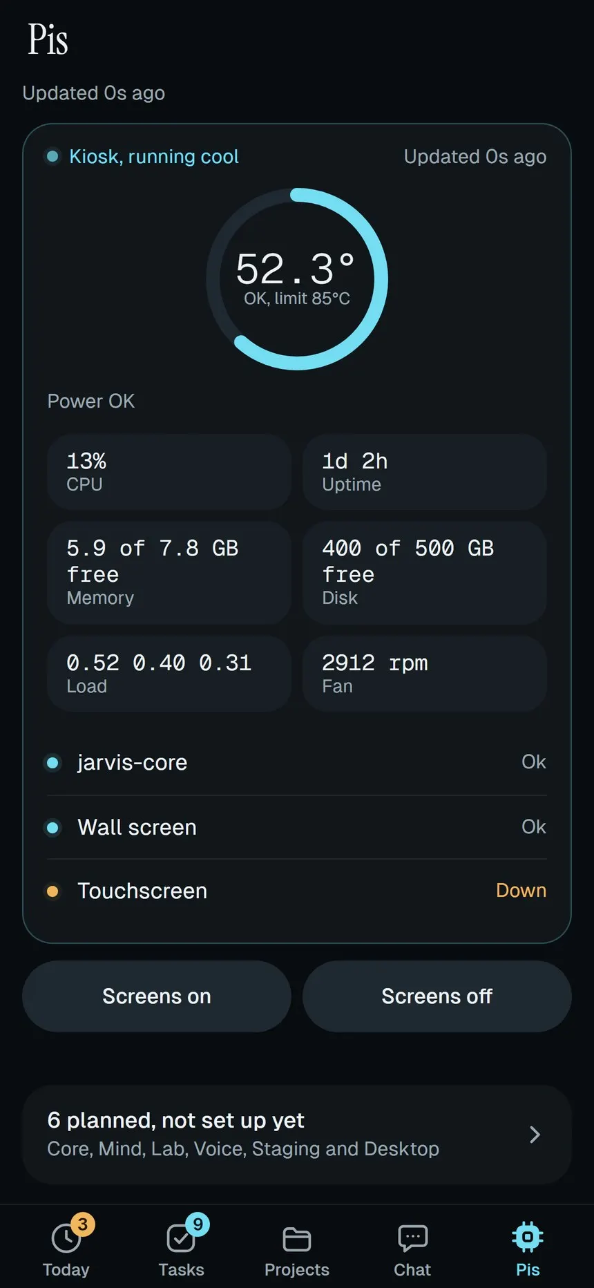 Jarvis phone app, Pis tab: a temperature ring reading 52.3 degrees, CPU, memory, disk, load and fan speed tiles, service status rows, and Screens on and Screens off buttons.